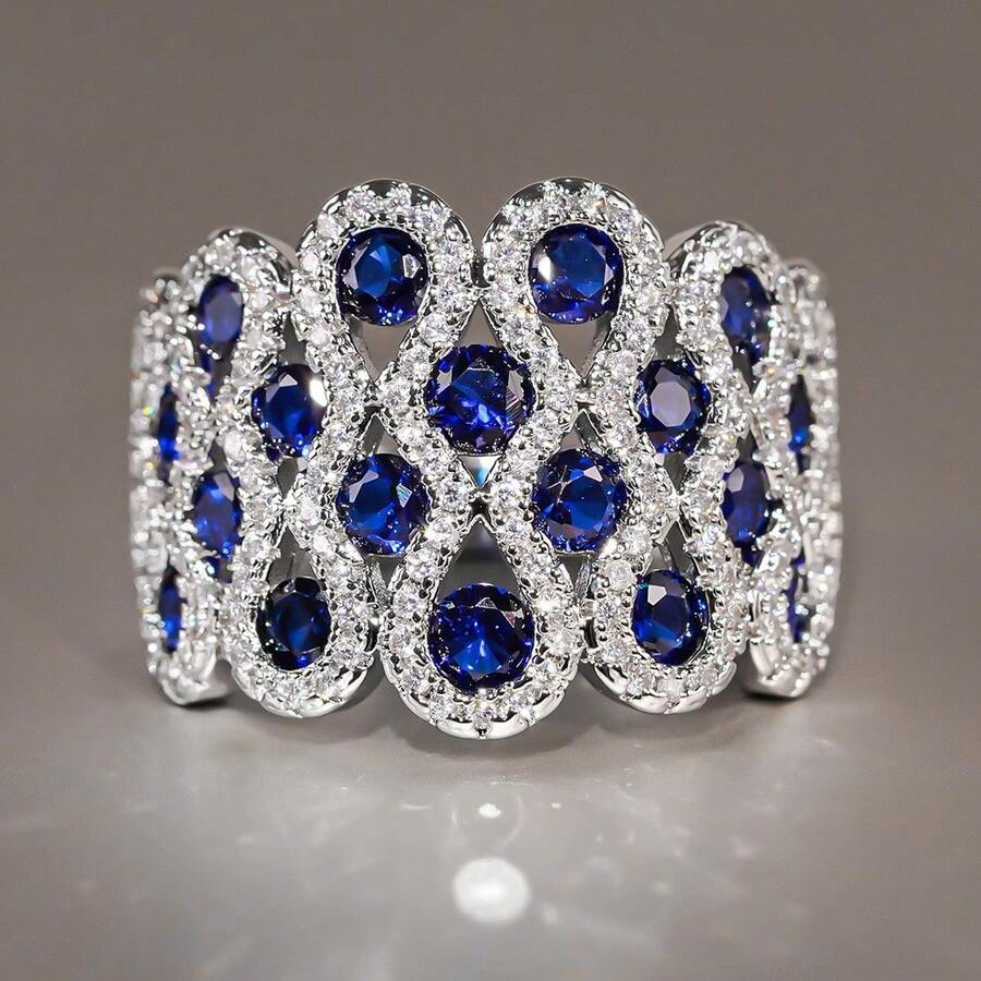 Light Luxury Eye-Catching Blue & White Color-Block Synthetic Zirconia Women's Ring, Unique Artistic Hollow Craft Design, Exquisite And Eye-Catching; Suitable For Weddings, Engagements, Formal Dinners And Other Occasions, Atmosphere Banquet Jewelry, Versatile Gift - Silver - View 1