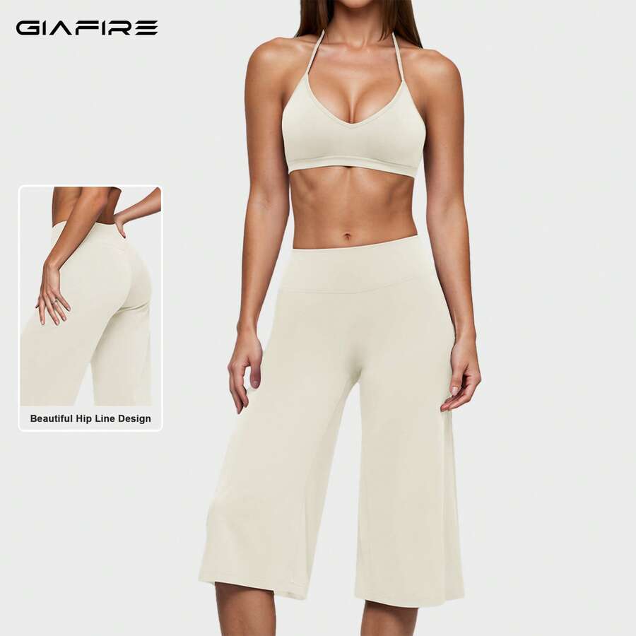 Women's 2 Pieces Summer Set, Backless Halter Top With Short Wide Leg Pants, Suitable For Vacation, Dating And Daily Wear. Sports Outfit - White - View 1