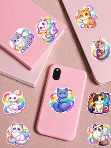 50Pcs Rainbow Cat Healing Decor Stickers, Hand-Drawn Illustrations Of Gradient Neon Cats, Rainbow Tails, Star Glitter And Cute Kittens, For Journal, Water Bottle, Luggage, Spring Picnic DIY Decor - Multicolor - View 3
