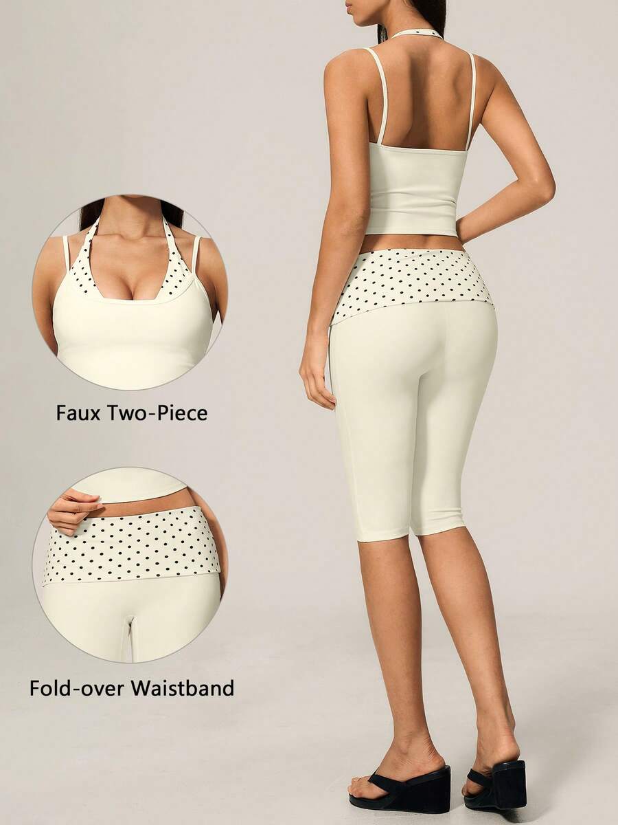 TimeOff Women's One-Set Polka Dot 2 In 1 Waistband Cuffed Shorts Gym Running Sports Set - White - View 1