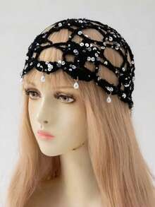 1pc Bohemian Solid Color Hollow Out Sequin Knitted Hair Cap - Multicolor-b - View 11