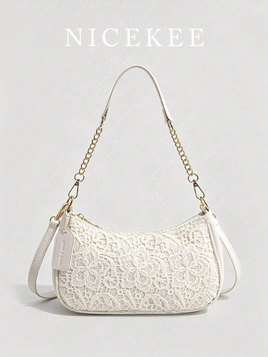Gentle, Sweet And Fashionable Solid Color Shoulder Bag, Chain Shoulder Strap Splicing Design, Elegant And Exquisite Atmosphere Crossbody Bag. - White - View 1