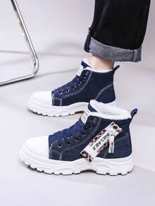 Flipark 1 Pair Leopard Print Lace-Up Thick Sole High-Top Boots For Women, Warm Lining, Sizes 36-43, Suggest Ordering One Size Up, Street Style Boots For Winter - Blue - View 5