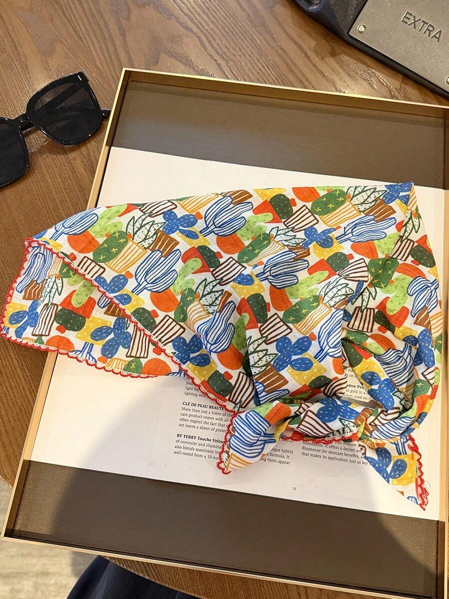 1 buah Syal Sutra Persegi Kecil Motif Kaktus untuk Wanita, Musim Semi dan Gugur, Syal Kasa Kelas Atas Baru, Syal Dekoratif Serbaguna, Syal Tipis Elegan - MultiWarna - View 1