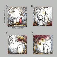 4pcs Farmhouse Style Halloween Wooden Coasters, 5mm Thick Watercolor Ghost Pumpkin Non-Slip Drink Coasters, Autumn Tabletop Home Decor - Multicolor - View 13