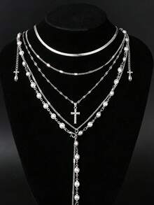 Set Kalung Perak Berlapis Mutiara Salib Berlian Imitasi Bentuk Y Gaya Kasual Keren 5pcs/Set, Cocok untuk Perjalanan Sehari-hari dan Liburan Wanita, Hadiah - Perak - View 3