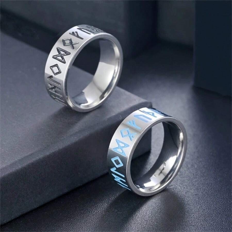 Viking Rune Ring Black Blue Enamel Minimalist Jewelry Stainless Steel Ring Men's Birthday Gift Daily Wear Valentine's Day Father's Day Gift Non-Allergic Non-Fading - Multicolor - View 1