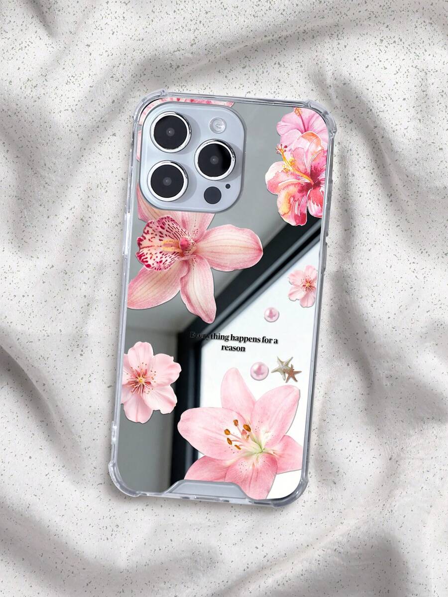 粉色百合花與珍珠裝飾鏡面手機殼,適用於 iPhone 13 15 16 17pro 17 14 17 17pro Max 15Pro 14Pro 與 Galaxy/A54 A14 A15 S23 S24 S24ultra S25 A07 A17 S26 A57,少女風可愛防震保護殼,Coquette 風格美學閨蜜禮物 - 彩色 - 查看 1