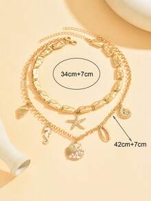 2 piezas/Set Collar de cuentas CCB con diseño vintage asimétrico, collar decorativo de moda con múltiples colgantes de criaturas marinas en tono dorado, joyería de cuello encantadora para mujeres adecuada para uso diario, vacaciones, fiestas y reuniones - Multicolor - Ver 4