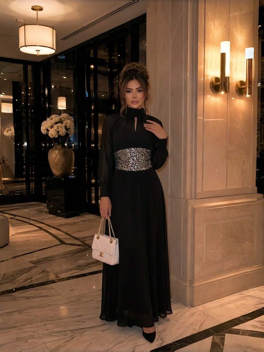 Elegant Black Long Sleeve Chiffon Sequined Waist-Cinching Evening Dress - Black - View 1