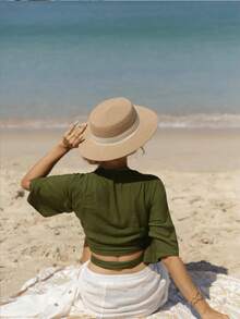 Eshat Flat Top Flat Brim Khaki Straw Hat With White Ribbon, British Style Mini Hat, Simple Beach Vacation Sun Protection Fashion Straw Hat - Khaki Flat Top Hat - View 2