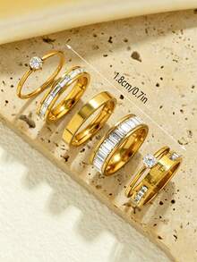 3/6/9/12pcs Elegant Stainless Steel Women's Ring Set, Rhinestone English Letter Round Zirconia Matte Multi-Style Stackable Rings, Suitable For Daily Commute, Dating, Confession, Engagement, Wedding Gift, Gentle Accessory, Random Style And Size - Silver - View 5