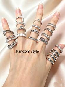 3/6/9/12pcs Elegant Stainless Steel Women's Ring Set, Rhinestone English Letter Round Zirconia Matte Multi-Style Stackable Rings, Suitable For Daily Commute, Dating, Confession, Engagement, Wedding Gift, Gentle Accessory, Random Style And Size - Silver - View 6