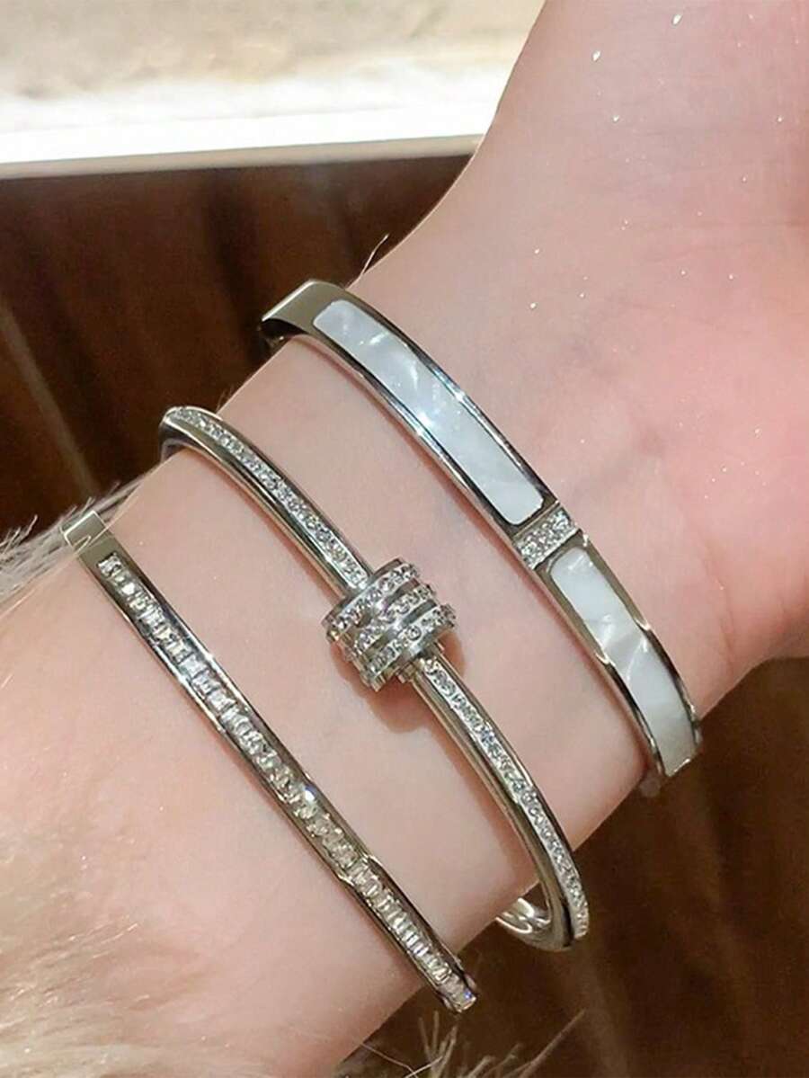 1/3pcs Stainless Steel Personalized Zirconia Jewelry Bracelet Set/Single Piece, Gift, Suitable For Daily Wear - Silver - View 1