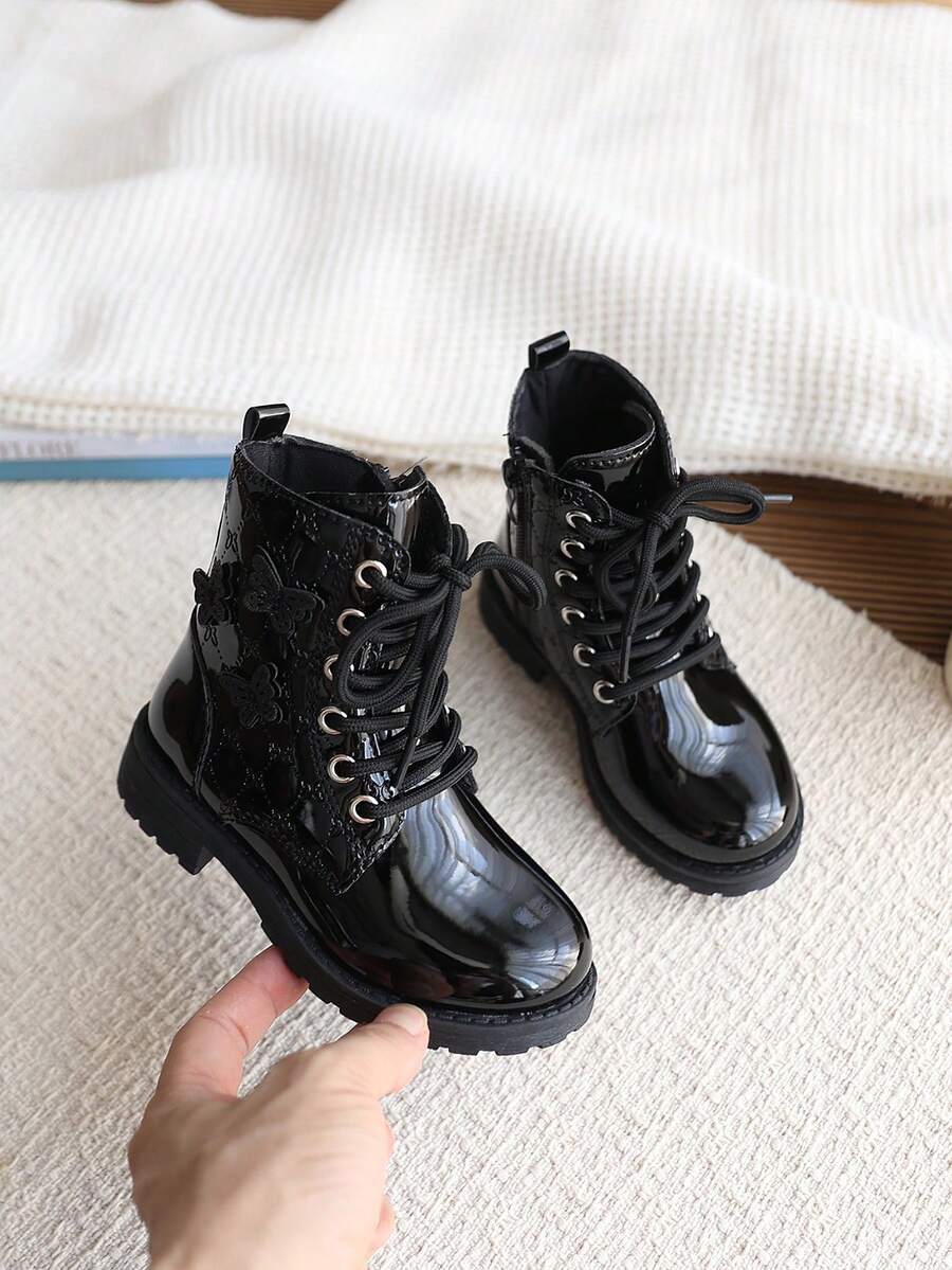 Glossy Girls' Boots, 3D Butterfly Embroidered Side Zipper Work Boots, Children's Non-Slip Low Chunky Heel Ankle Boots - Black - View 1