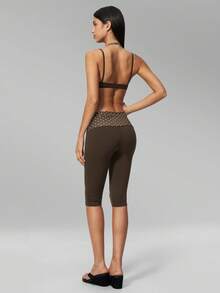 MFVIM Women's 2-Piece Yoga Set, Vintage 2 In 1 Camisole Top / Folded High Waist Slimming Capris Anti-Exposure - Brown With White Polka Dots - View 9