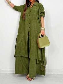 Women's Spring/Autumn Fashion Casual Lapel Long Sleeve Solid Color Top And Solid Color Long Pants 2-Piece Set - Olive Green - View 4