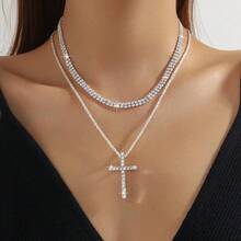 Layered Rhinestone Tennis Cuban Chain Cross Pendant Set, Unisex Shiny Hip Hop Accessory, Suitable For Daily Wear And Nightclub Parties - Silver - View 6