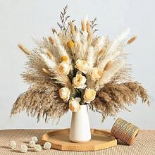 人造芒草花束，香檳色仿真玫瑰與金色球草，鄉村波希米亞風花卉裝飾，適用於居家裝飾、婚禮中心裝飾與活動 - 不含花瓶 - 香檳微風 - 查看 1