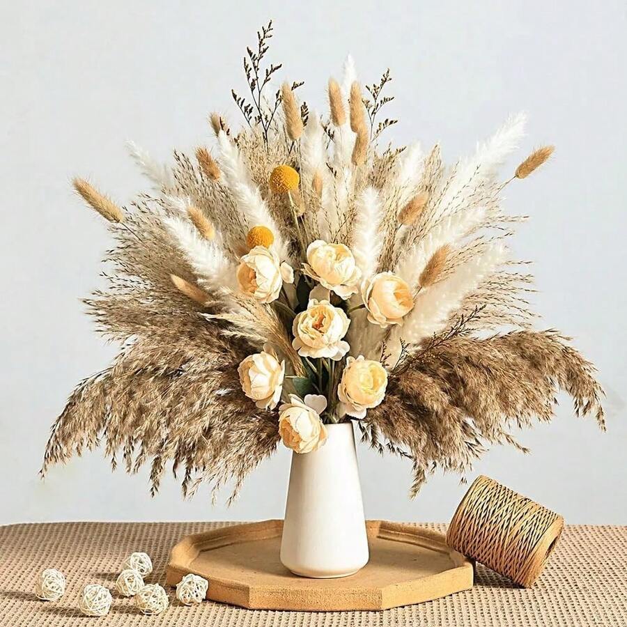 人造芒草花束，香檳色仿真玫瑰與金色球草，鄉村波希米亞風花卉裝飾，適用於居家裝飾、婚禮中心裝飾與活動 - 不含花瓶 - 香檳微風 - 查看 1