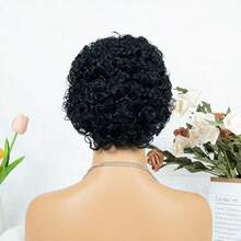 Afro Kinky Curly Bob Wig With Bangs Brazilian Human Hair Wig For Women Short Water Curly Pixie Cut Remy Human Hair Wig Full Machine Made 4" 200% Density For Daily Wear & Cosplay & Parties & Music Festival & Valentine's Day - Natural Black - 查看 7