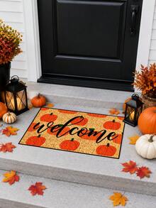 1pc, Autumn Harvest Festival Orange Pumpkin Background Welcome Pattern Doormat, Seasonal Style Machine Washable Polyester Fiber Mat, Suitable For Indoor, Outdoor, Daily Decoration, All Seasons - Orange - View 11