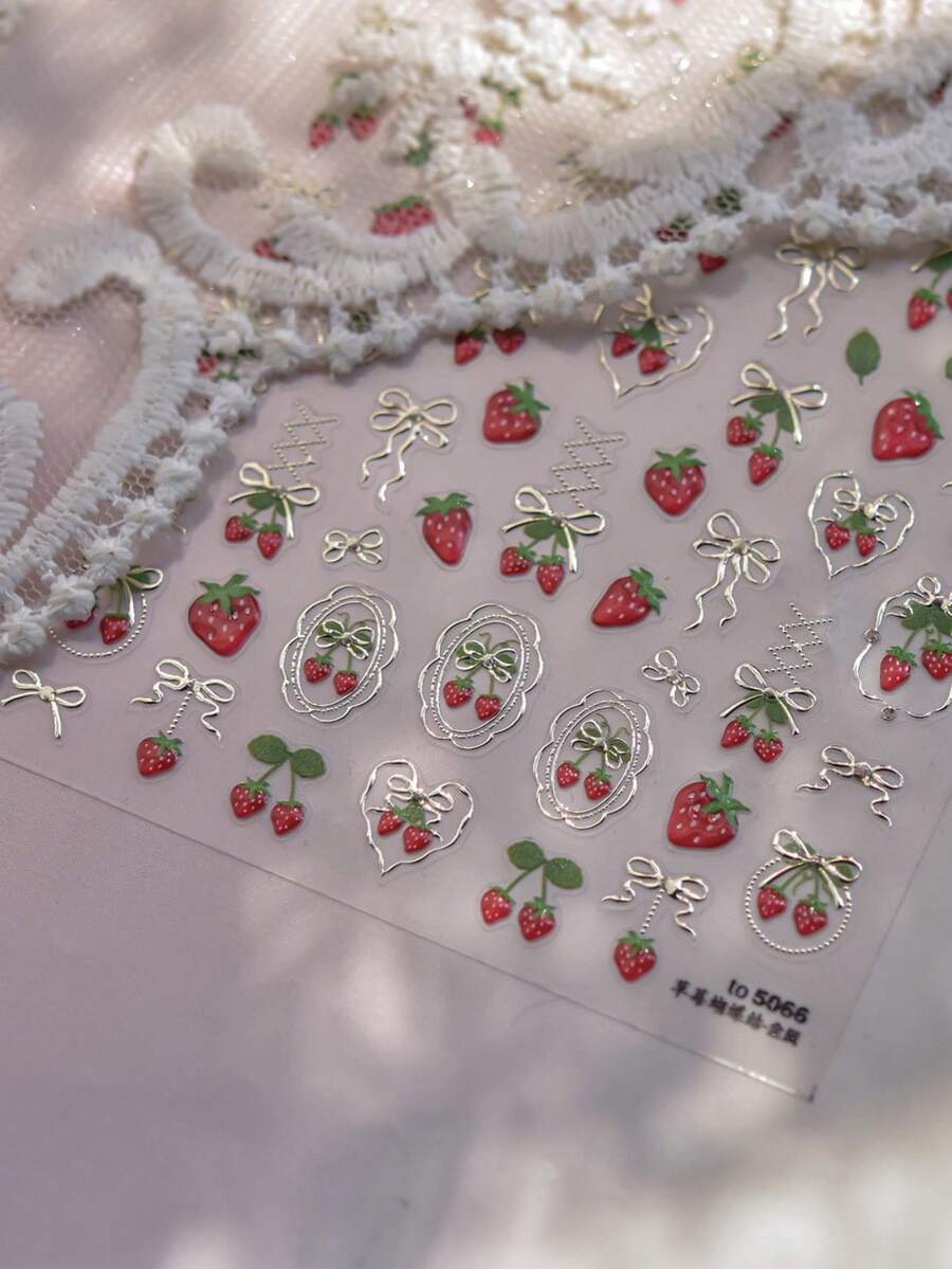 1片5D金属美甲贴纸,精致蝴蝶结草莓美甲贴纸,自粘式,适用于DIY美甲配件、美甲用品、美甲贴纸 - 彩色 - 查看 1