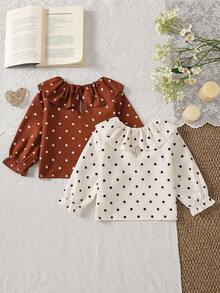 Baby Girls' Cute Elegant Round Neck Ruffle Hem Polka Dot Print Long Sleeve Ruffle Cuff Back Closure Water Drop 2-Piece Set Fashion Versatile Casual Toddler Clothing Spring Summer Suitable For Daily Wear And Outings - Multicolor - View 3