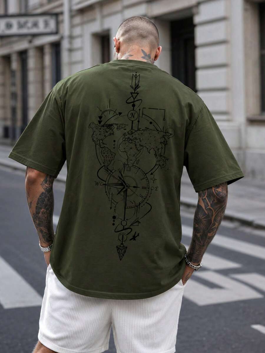Camiseta de manga corta y cuello redondo con estampado de mapa náutico para hombres de talla grande, para verano - Verde militar - Ver 1