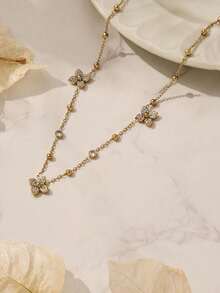 rundraw 2pcs Women's Gold-Tone Copper Pendant Necklace, Exquisite CZ Four-Leaf Clover Design, Suitable For Party, Dance, Daily Wear And Gift - Gold - View 5
