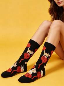 1 Pair Men Crew Socks, Cute Cat Kitten Yarn Ball Playful Themed Crew Socks, Unisex, Gift For Husband Son Boyfriend, Fall Winter Halloween Christmas - Multicolor - View 5