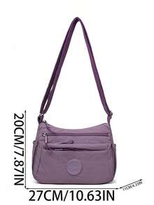 Casual Nylon Shoulder Bag With Adjustable Strap, Multi-Compartment Crossbody Bag, Solid Color, Zipper Closure, Polyester Lining, Lightweight For Daily Use - Purple - View 3