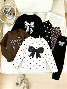 Random 6pcs/Set Girls Casual Fashion Cute Bow, Polka Dot, Heart, Leopard Print Long Sleeve And Tight Fit Set, School, Back To School Comfortable Daily Wear - Multicolor - View 2