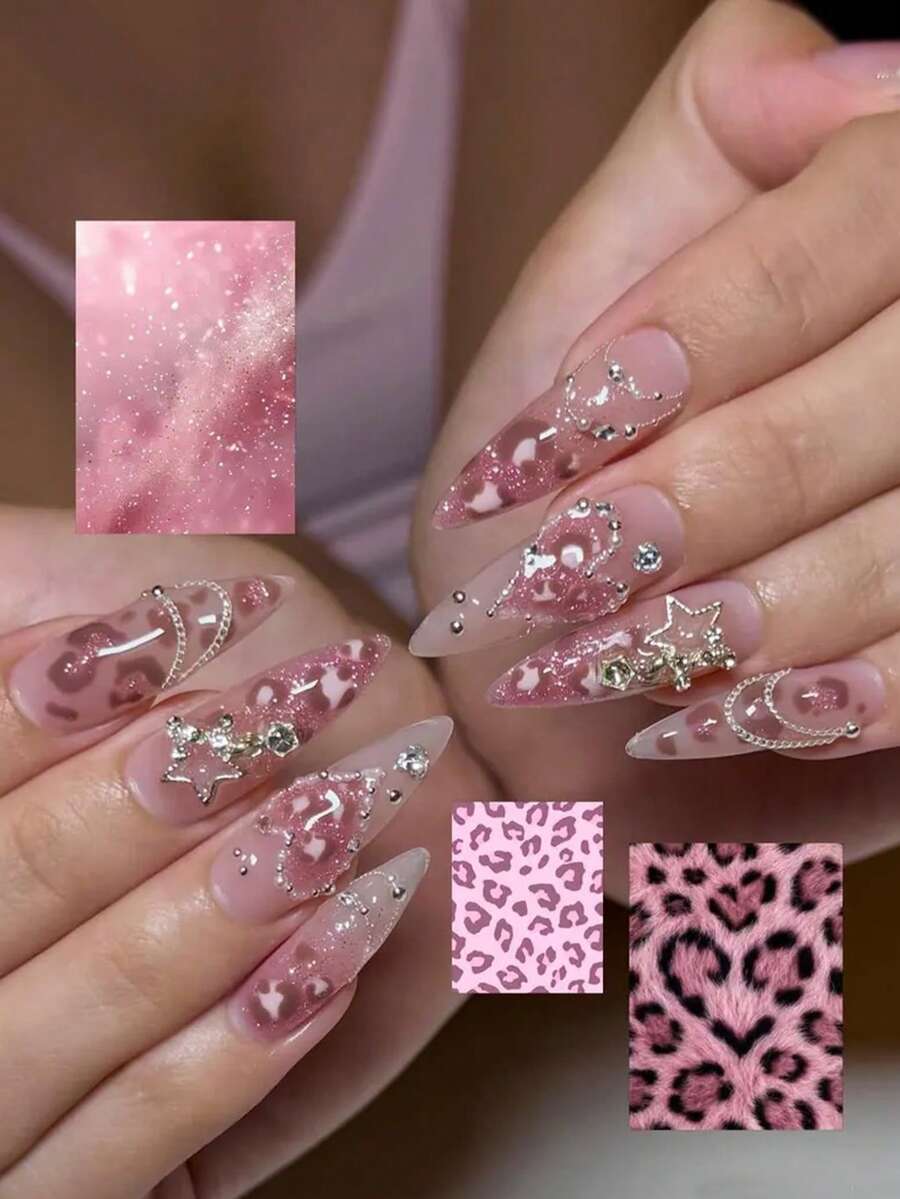 24pcs Y2K Style Long Pointed Press-On Nail Set, Sweet Pink Glitter Gradient Fake Nails, Vintage Coffee Leopard Print Design, Decorated With Silver Metal Star Charms, Chains, Elegant Pearls And Sparkling Rhinestones, Reusable, Suitable For Halloween Party - Pink - View 1