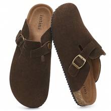 Womens Suede Clogs Mens Genuine Leather Mules Cork Footbed Sandals With Arch Support - 咖啡棕 - 查看 7