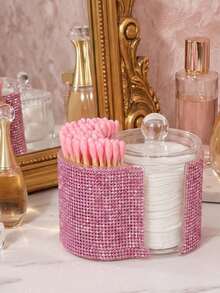 2-In-1 Rhinestone Plastic Storage Box, Dual Round Compartment Desktop Cosmetic Organizer, With Lid Modern Vanity Organizer, Bathroom Makeup Brush Lipstick Beauty Tool Storage Box, Women's Gift, Christmas Gift - Multicolor - View 3