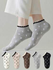 ZUJO 5 Pairs Women's Ankle Socks, Floral Pattern Lace Trim Short Socks, Simple And Comfortable, Suitable For All Seasons - Multicolor - View 1