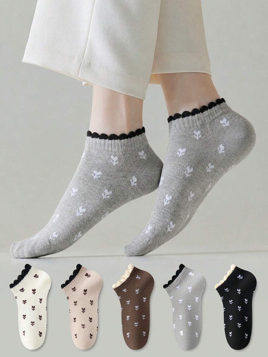 ZUJO 5 Pairs Women's Ankle Socks, Floral Pattern Lace Trim Short Socks, Simple And Comfortable, Suitable For All Seasons - Multicolor - View 1