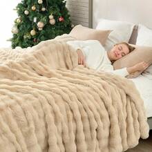 EDIMENS Faux Rabbit Fur Throw Blanket For Sofa, Reversible, Soft And Fluffy, Thick And Warm Plush Blanket For Sofa, Bed And Armchair, Decoration - 淺棕色 - 查看 8