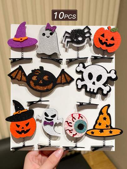 10pcs Gothic Halloween Felt Hair Clips, Glitter Felt Witch Hat Pumpkin Ghost Spider Eyeball Skull Bat Side Clips, Festival Party Cosplay Accessories, Daily Commute/Shopping Party/Summer Beach/Travel/Back To School Hairstyle Design Accessories, Hair Accessories, Women's Hair Accessories, Gift Recommendation