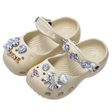 Girls' Clogs With Cute Rhinestone Bow Decor, Breathable Slip-On Closed-Toe Sandals For Summer, Indoor/Outdoor Use, Beach Soft Sole Flat Shoes - Khaki - View 4