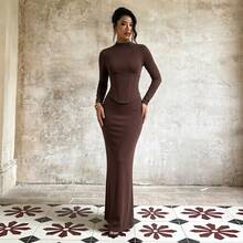 Elegant High Neck Long Sleeve Fitted Dress With Waist Tie Design - Brown - View 3