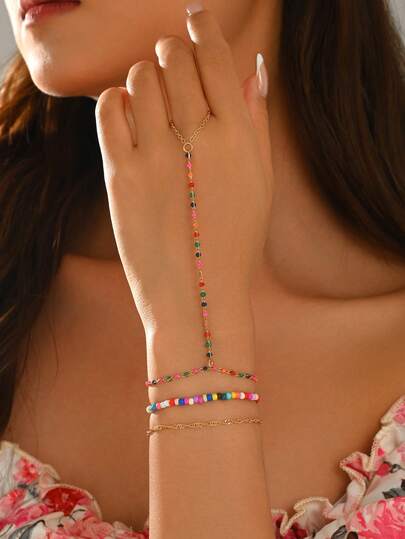 3pcs/Set French Gentle Style Colorful Enamel Connected Bracelet With Colorful Seed Bead Bracelet Set, Fashionable Women's Hand Jewelry Suitable For Daily Wear, Beach Vacation, Date And Party, Seed Bead Size, Quantity And Color Arrangement Are Random