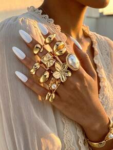 10pcs Fashion Minimalist Elegant Exquisite Vintage Design Multi-Layer Stackable Old Money Style Geometric Floral Irregular Texture Pleated Faux Pearl Cross-Twist Braided Water Drop Polished Minimalist Plain Metal Chunky Wide Rings Set For Holiday Vacation Party Date Gift Daily Commute Wear - Yellow Gold - View 2