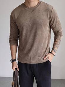 Vintage Long Sleeve Crew Neck Undershirt T-Shirt Men's Spring Autumn Loose Fit Simple Casual Outerwear Inner Layer Layering Top - Brown - View 5