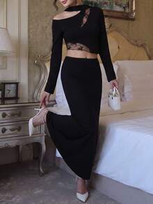 ODALIA Women's Elegant Black 2-Piece Set, One-Shoulder Long Sleeve Cropped Top Paired With Elegant Slim-Fit Long Skirt, Decorated With Semi-Transparent Lace And Hollow-Out Design, Summer Casual 2026 New Arrival, Fall Set, Women's Autumn/Winter Clothing, Women's Elegant Outfit, Back To School - Black - View 7