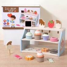 1 Set 3-Tier Wooden Ice Cream Dessert Shop Toy Display Rack With Realistic Ice Cream, Paper Cup, Cake, Candy Full Accessories, Girls Dessert Shop Role Play Pretend Play Set - Multicolor - View 8