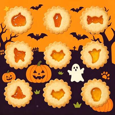 9pcs Halloween Mini Jam Sandwich Cookie Cutters, Stainless Steel Hollow Cutters With Wavy Edge, Suitable For Making Pumpkin, Ghost, Bat, Witch, Coffin, Candy, Black Cat, Skull Shaped Homemade Jam Sandwich Cookies, Fondant Cake Decoration And Baking Tools.