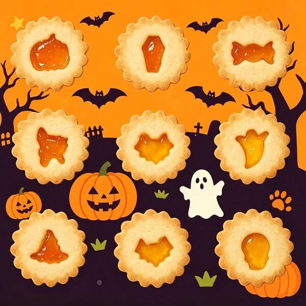 9pcs Halloween Mini Jam Sandwich Cookie Cutters, Stainless Steel Hollow Cutters With Wavy Edge, Suitable For Making Pumpkin, Ghost, Bat, Witch, Coffin, Candy, Black Cat, Skull Shaped Homemade Jam Sandwich Cookies, Fondant Cake Decoration And Baking Tools.