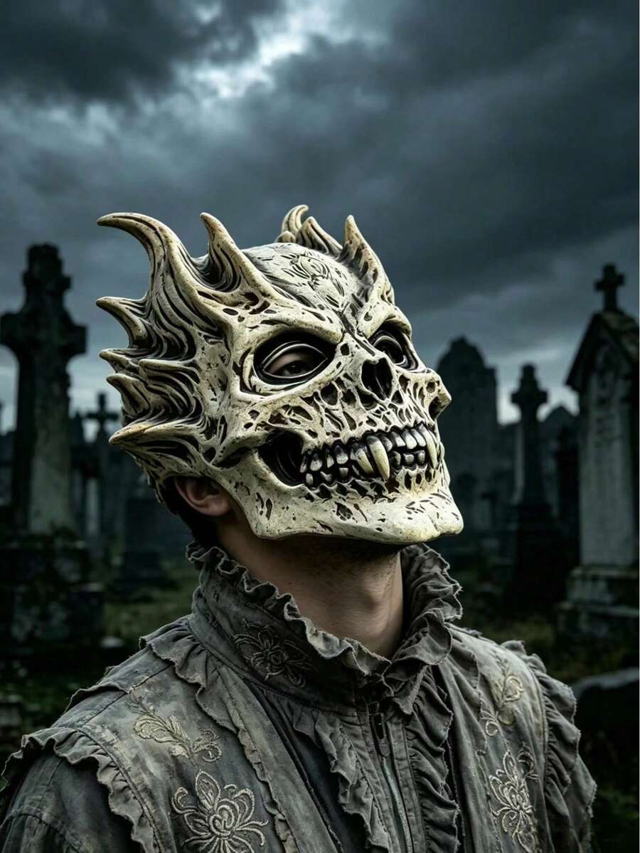 Vintage Bone Horn Demon Skull Latex Mask, Sharp Teeth Monster Full Face Mask, Adult Halloween Cosplay Haunted House Costume Prop - View 1